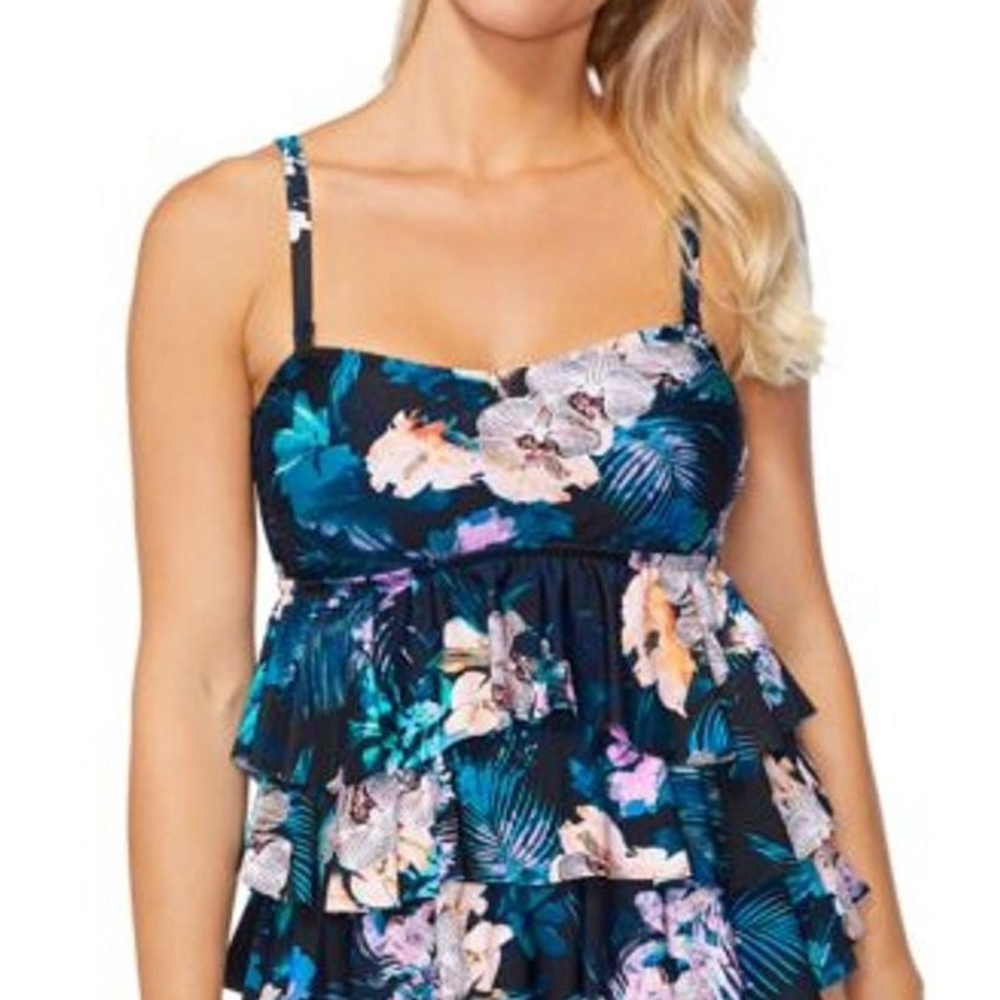 ISLAND ESCAPE Tankini Blue Floral Print Women's Tiered Swim Top SIZE 8 New